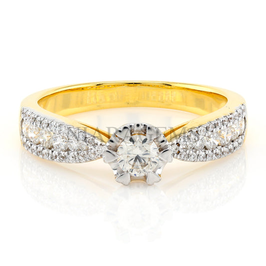 แหวนทองประดับเพชรเม็ดเดี่ยวพร้อมลวดลายเพชรด้านข้าง