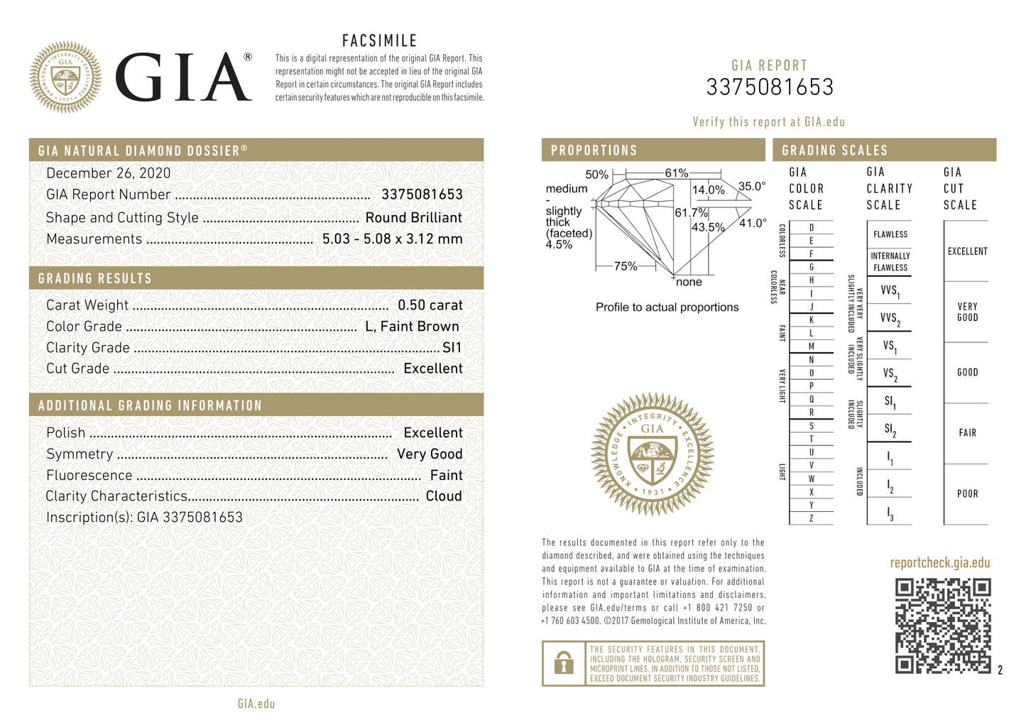 แหวนเพชร GIA รอบ 0.50 กะรัต – L.Faint Brown SI1 EX/EX/VG ID806780